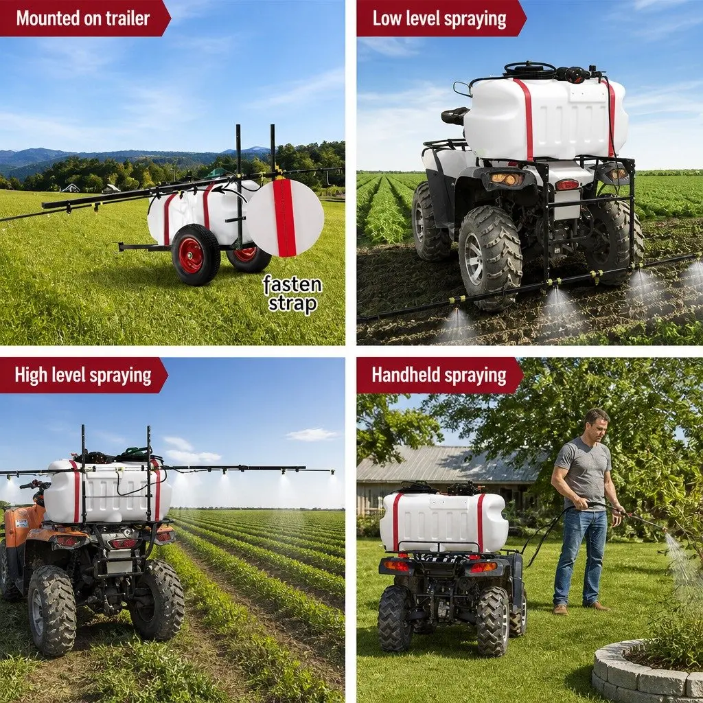 100L Weed Sprayer Trailer White 5m Boom Self-Priming Pump Adjustable Height Poles