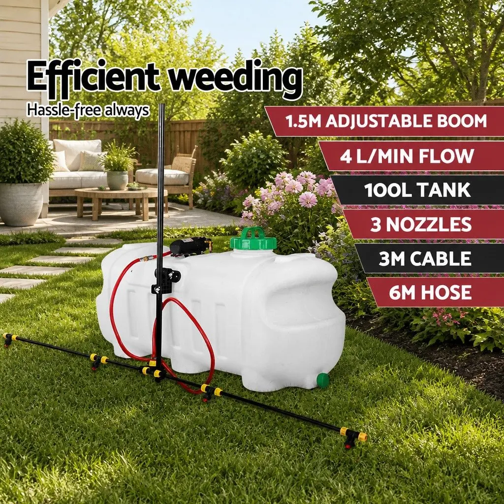 100L Weed Sprayer Tank White Adjustable Boom Spray Gun Garden Herbicide Nozzles ATV Quad Mounted