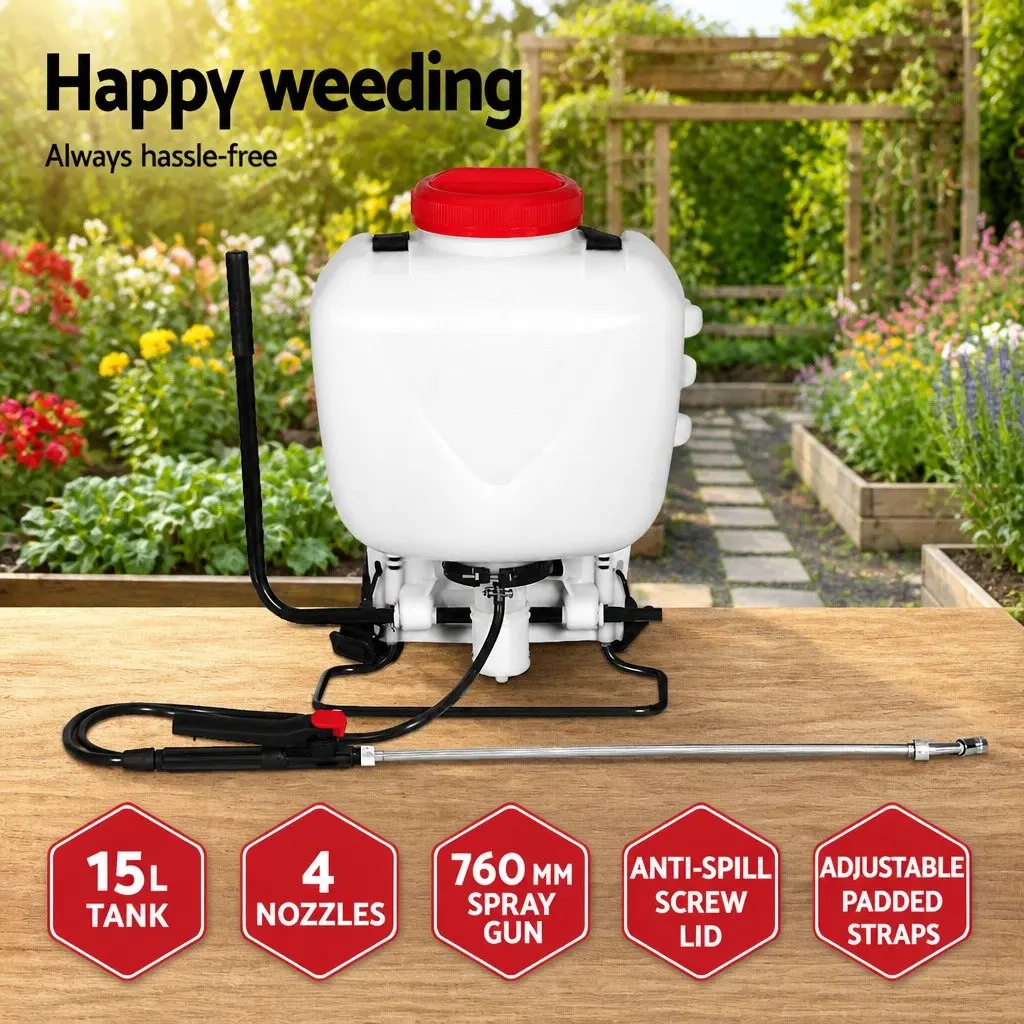 15L Backpack Sprayer White Red Self-Priming Pump Four Nozzles