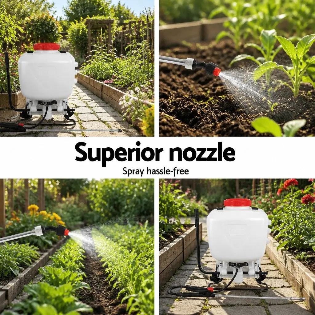15L Backpack Sprayer White Red Self-Priming Pump Four Nozzles
