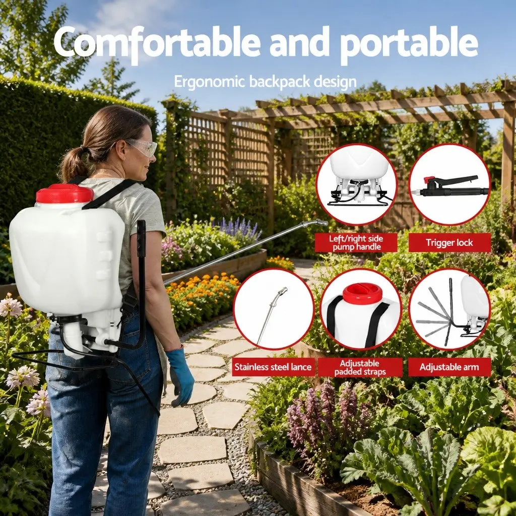 15L Backpack Sprayer White Red Self-Priming Pump Four Nozzles