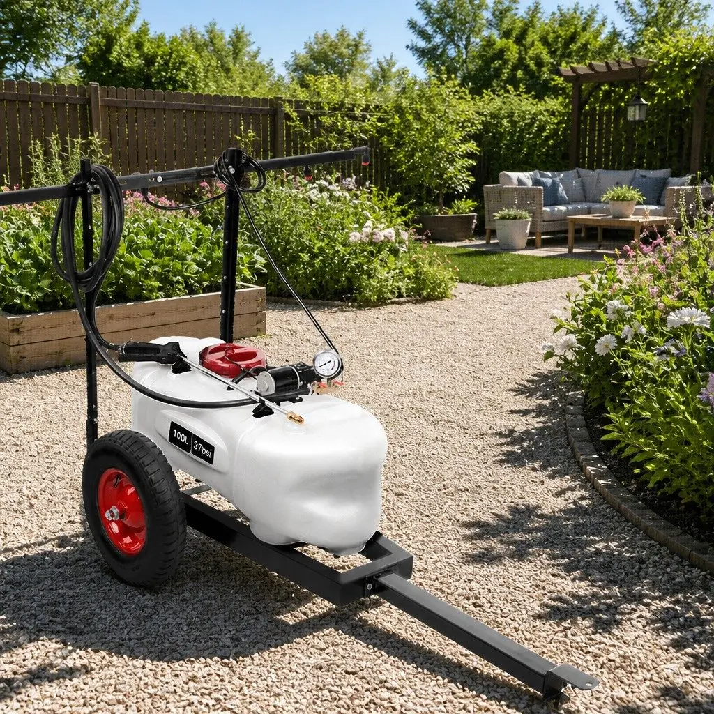 100L Weed Sprayer Trailer White 1.5M Boom Self-Priming Pump 87psi Garden Herbicide Equipment
