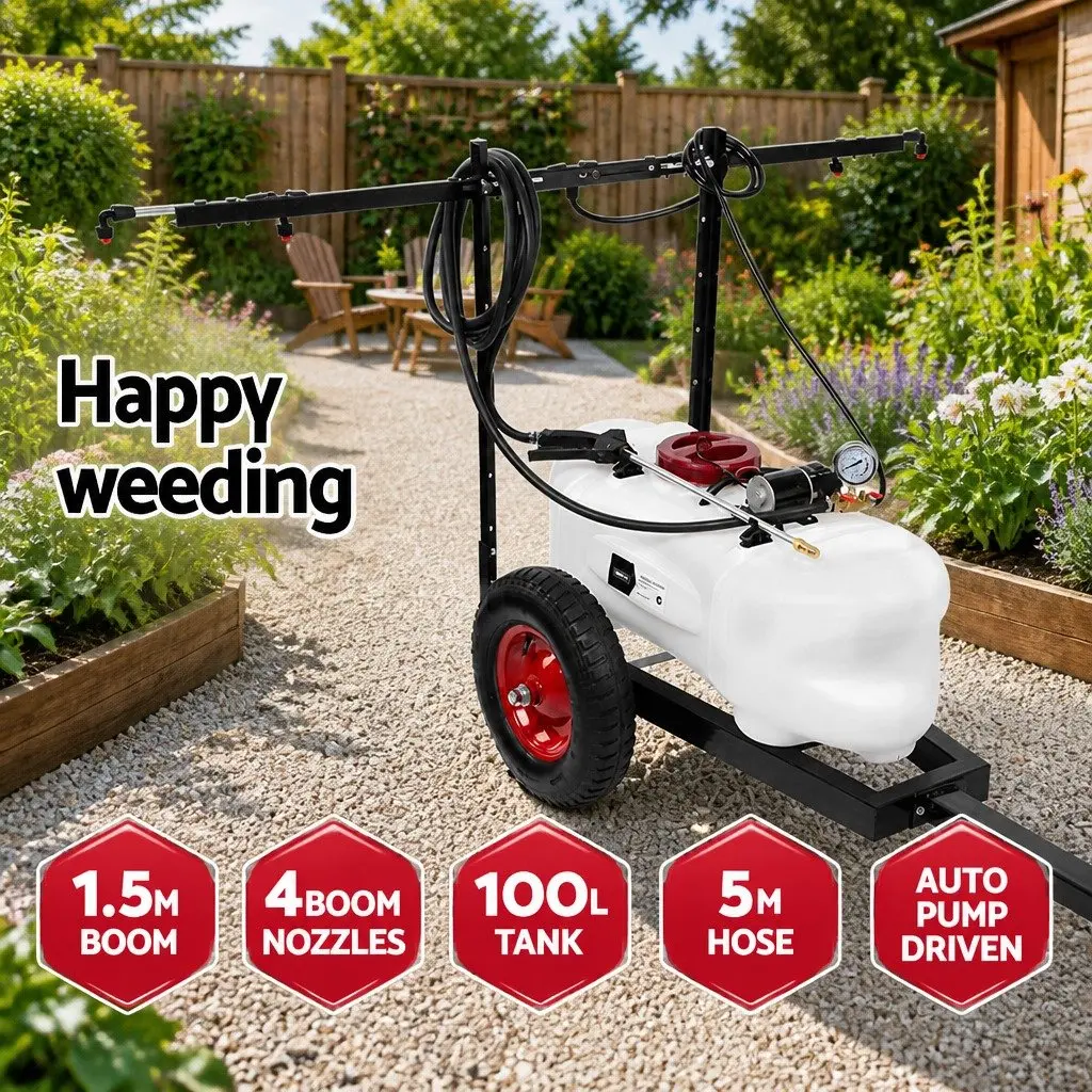 100L Weed Sprayer Trailer White 1.5M Boom Self-Priming Pump 87psi Garden Herbicide Equipment