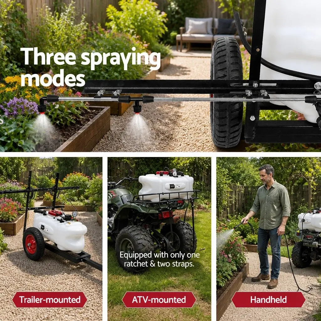 100L Weed Sprayer Trailer White 1.5M Boom Self-Priming Pump 87psi Garden Herbicide Equipment