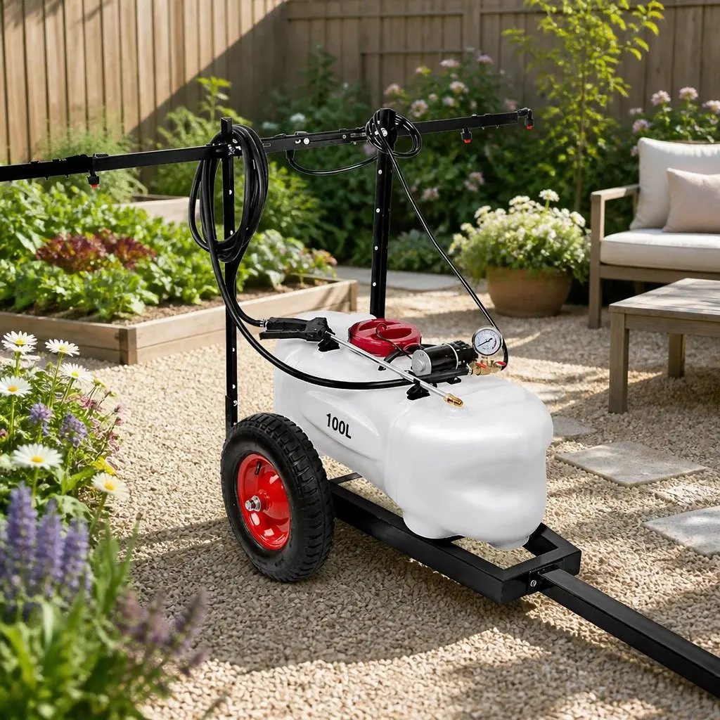100L Weed Sprayer Trailer White 1.5M Boom Self-Priming Pump 87psi Garden Herbicide Equipment