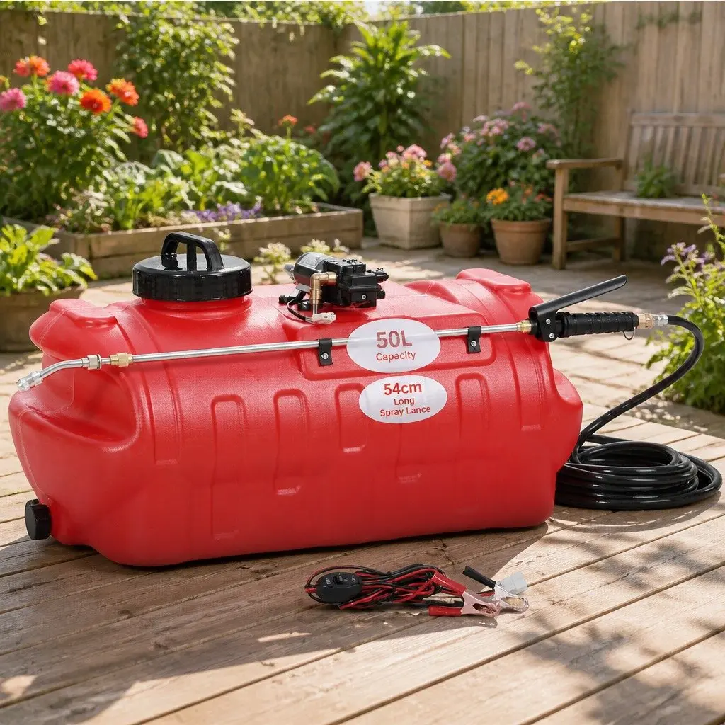 50L Weed Sprayer Red Self-Priming Pump with 54cm Spray Lance Adjustable Nozzle for ATV Quad Bike Garden Use