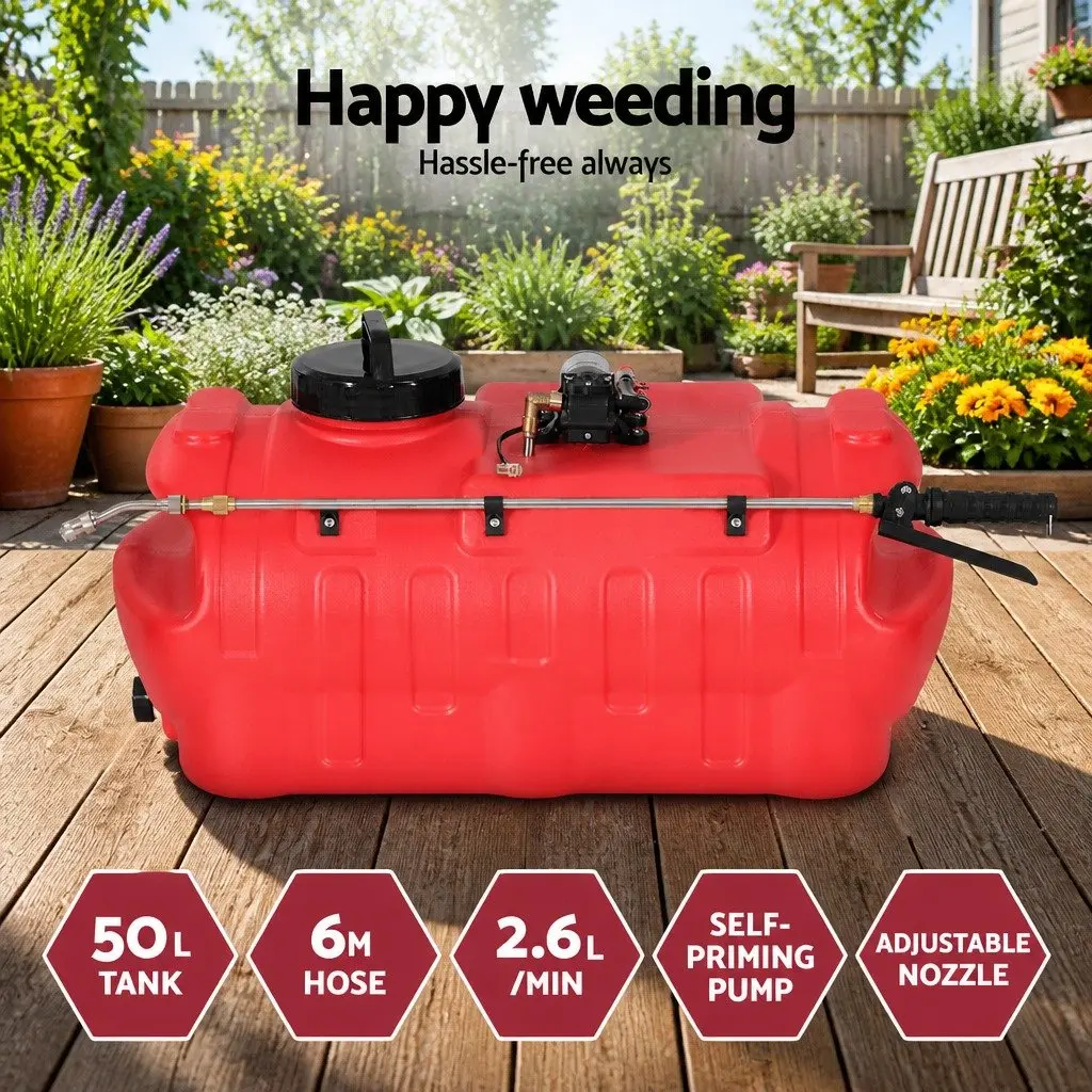 50L Weed Sprayer Red Self-Priming Pump with 54cm Spray Lance Adjustable Nozzle for ATV Quad Bike Garden Use