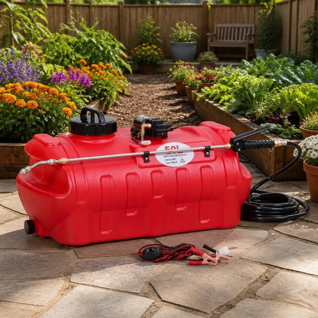 50L Weed Sprayer Red Self-Priming Pump with 54cm Spray Lance Adjustable Nozzle for ATV Quad Bike Garden Use