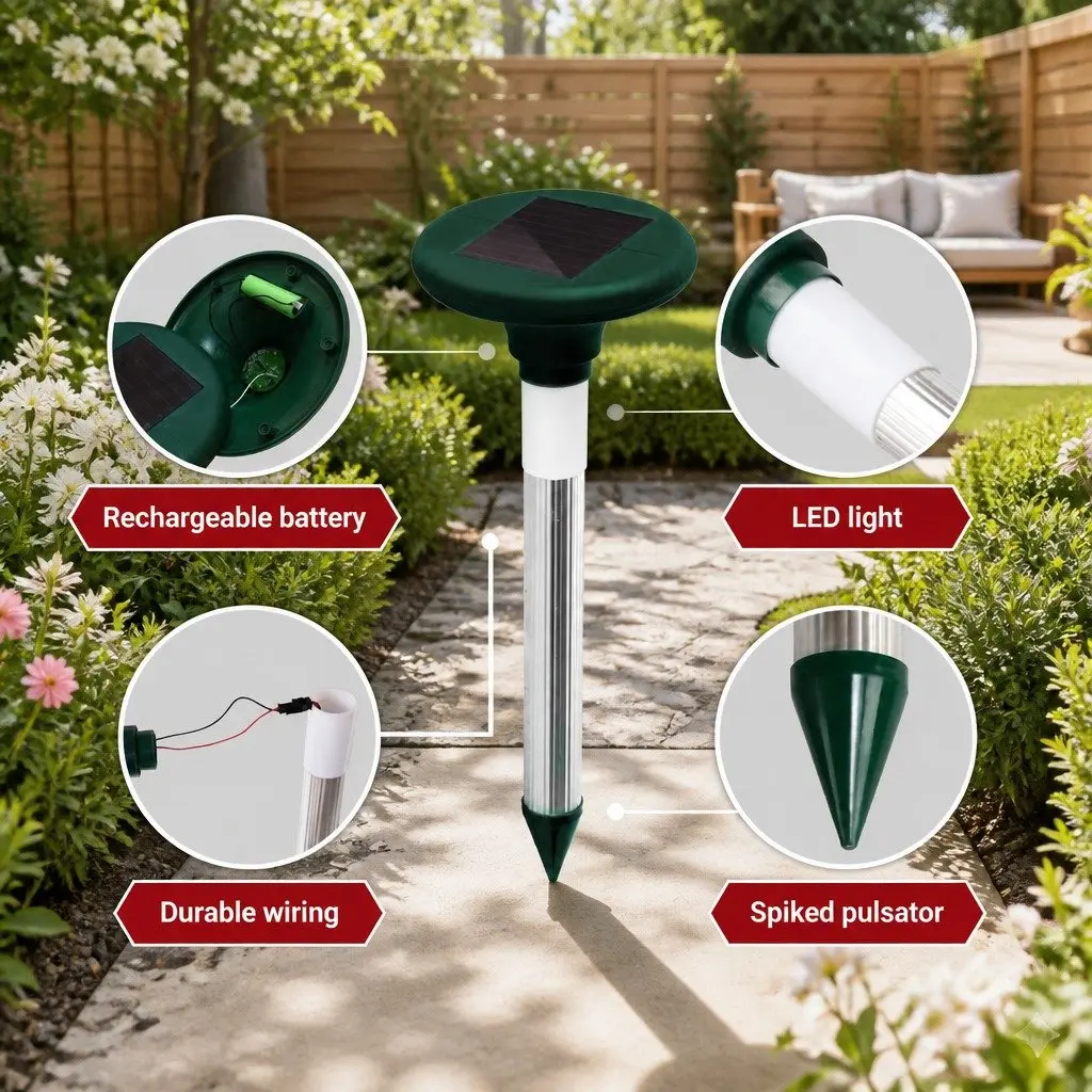 Solar LED Snake Repeller Green 4X Ultrasonic Pest Rodent Deterrent for Garden Yard Farm