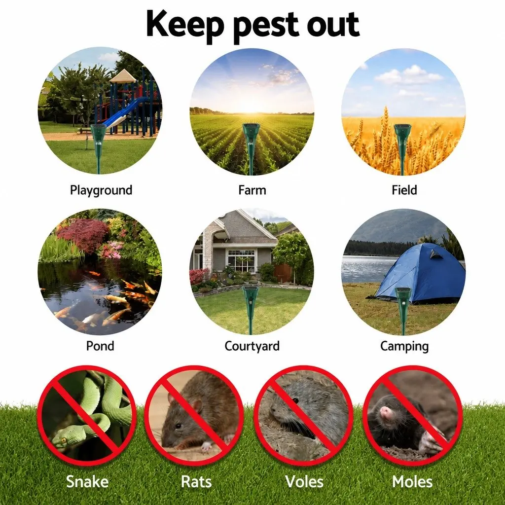 Solar Snake Repeller Green 8 Piece LED Ultrasonic Pest Rodent Deterrent