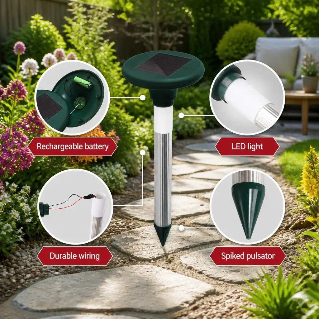 10X Solar LED Snake Repeller Black Weatherproof Ultrasonic Pest Deterrent