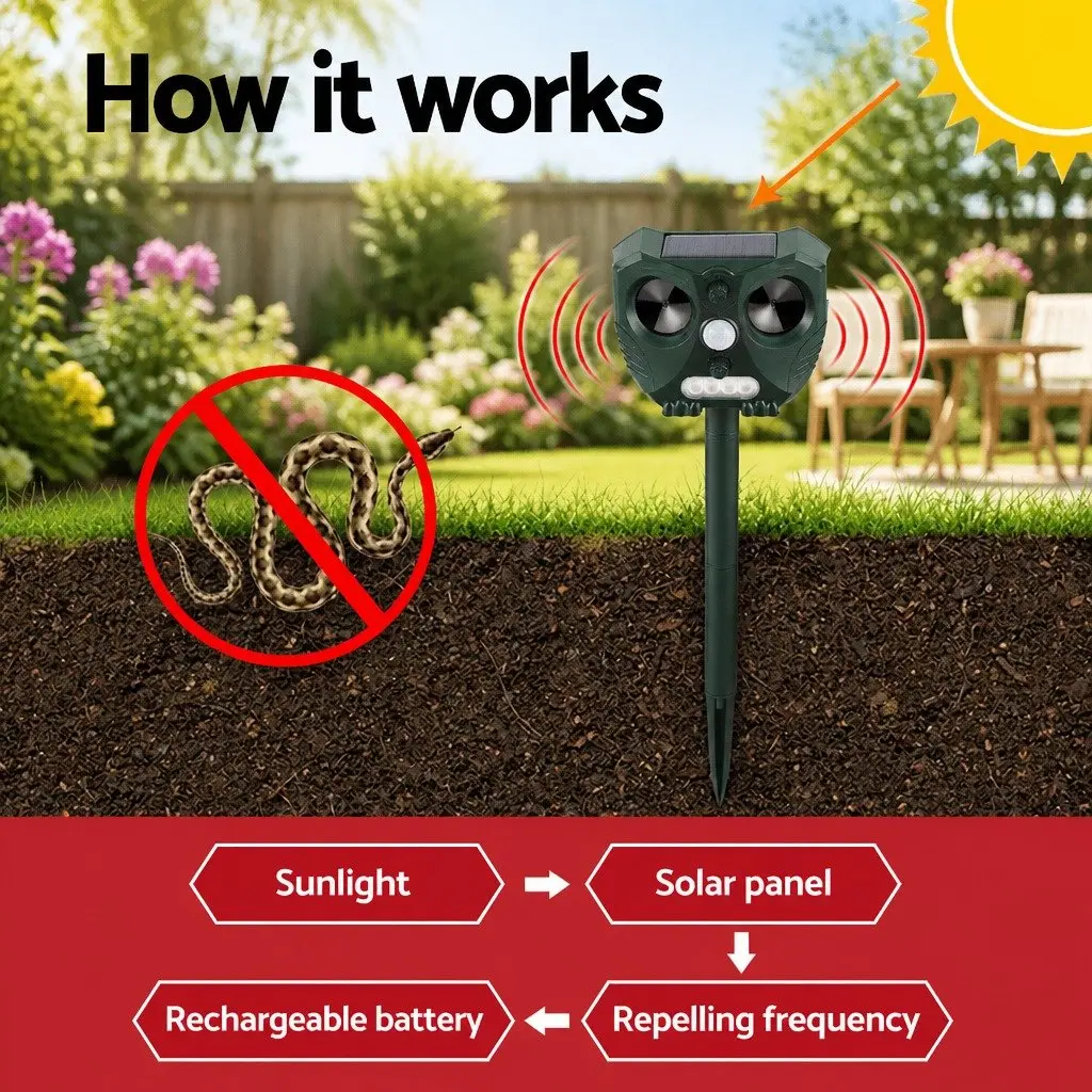 Ultrasonic Snake Repeller Green Solar Powered Motion Activated LED Light Water Resistant