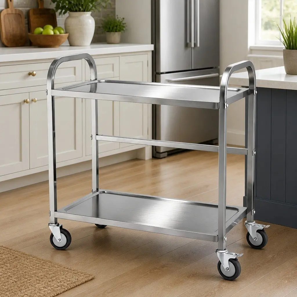 Stainless Steel Kitchen Trolley Silver 2-Tier Mobile Bench Cart with Lockable Wheels