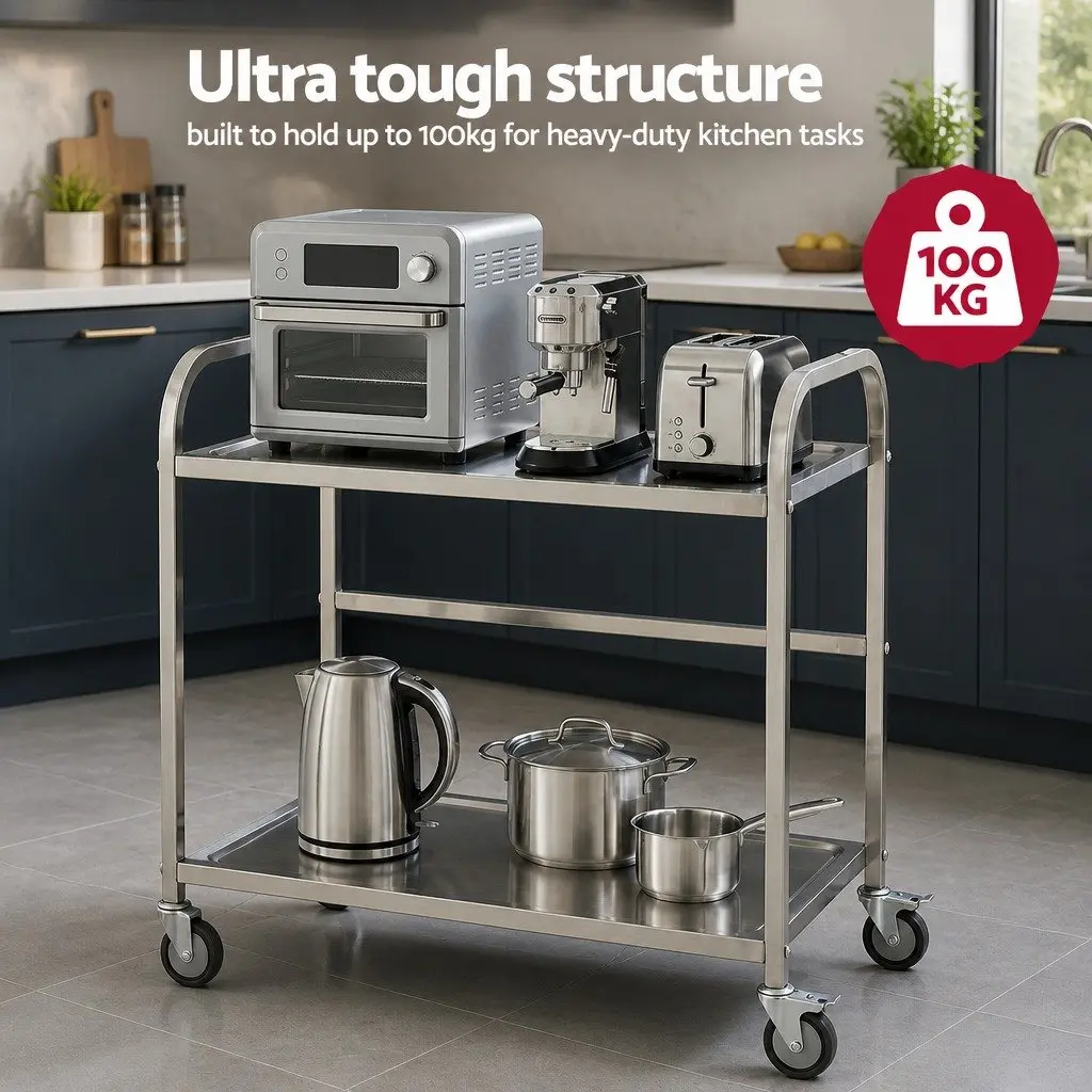 Stainless Steel Kitchen Trolley Silver 2-Tier Mobile Bench Cart with Lockable Wheels