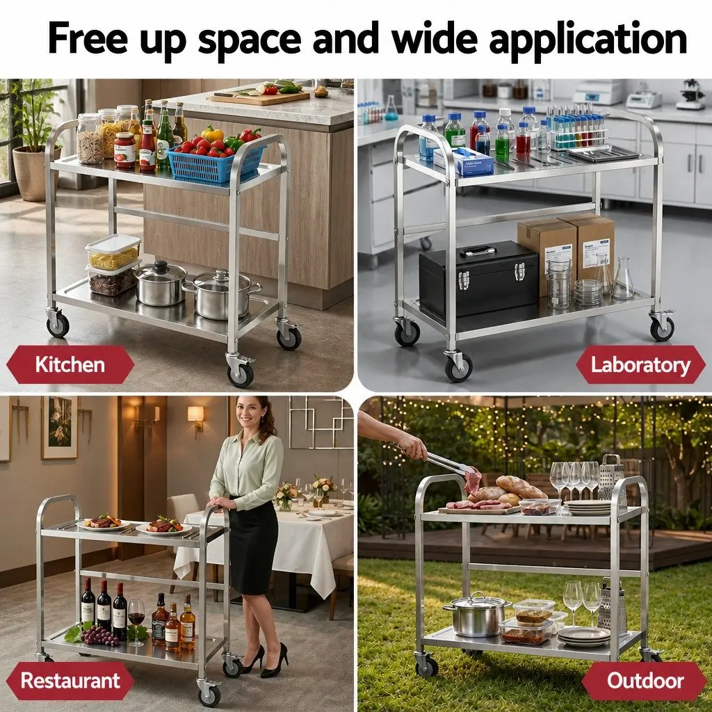 Stainless Steel Kitchen Trolley Silver 2-Tier Mobile Bench Cart with Lockable Wheels