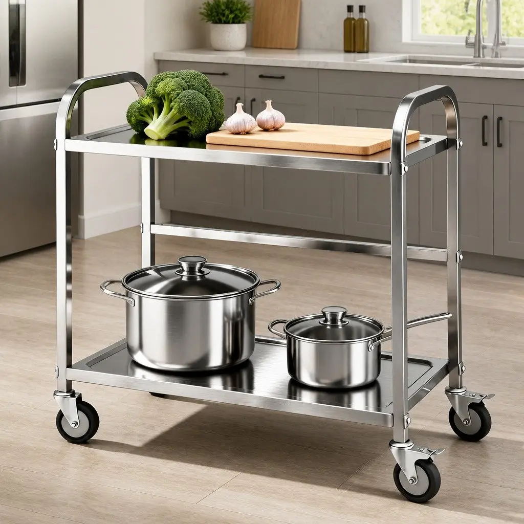 Stainless Steel Kitchen Trolley Silver 2-Tier Mobile Bench Cart with Lockable Wheels