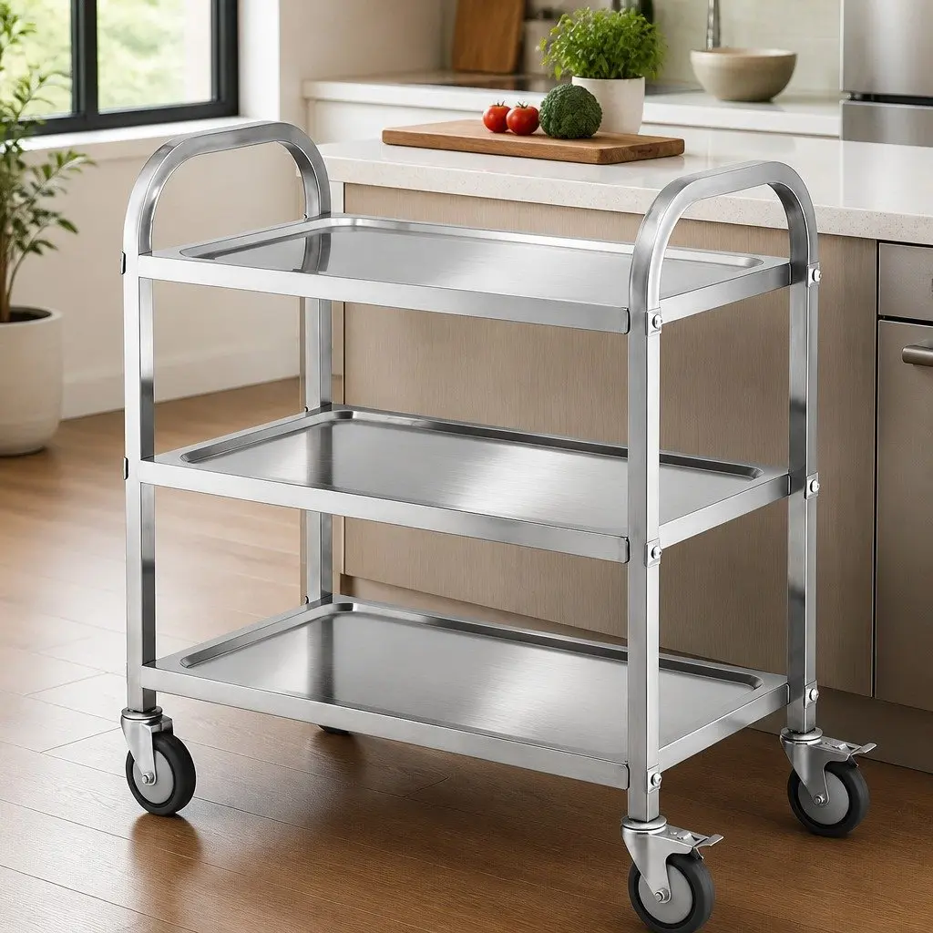 3-Tier Stainless Steel Kitchen Trolley Silver Mobile Cart with Lockable Castors