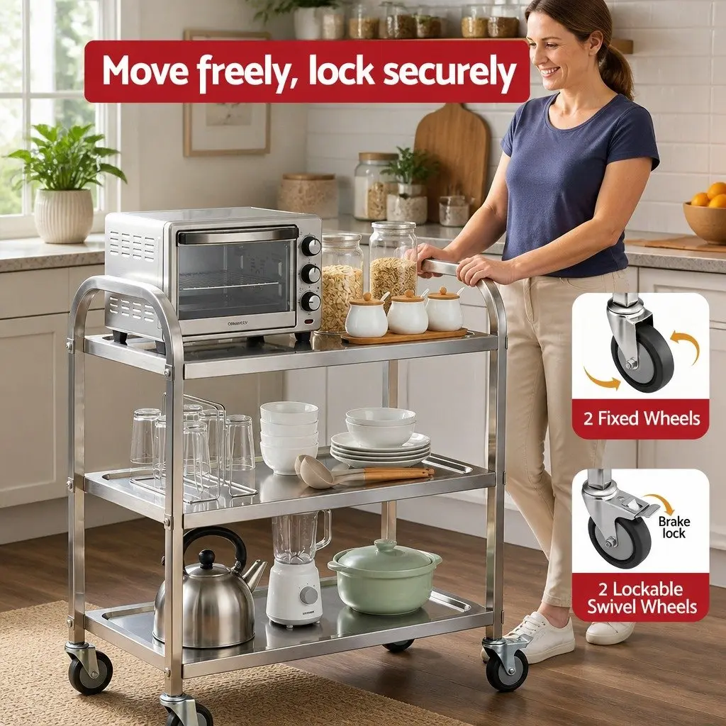 3-Tier Stainless Steel Kitchen Trolley Silver Mobile Cart with Lockable Castors