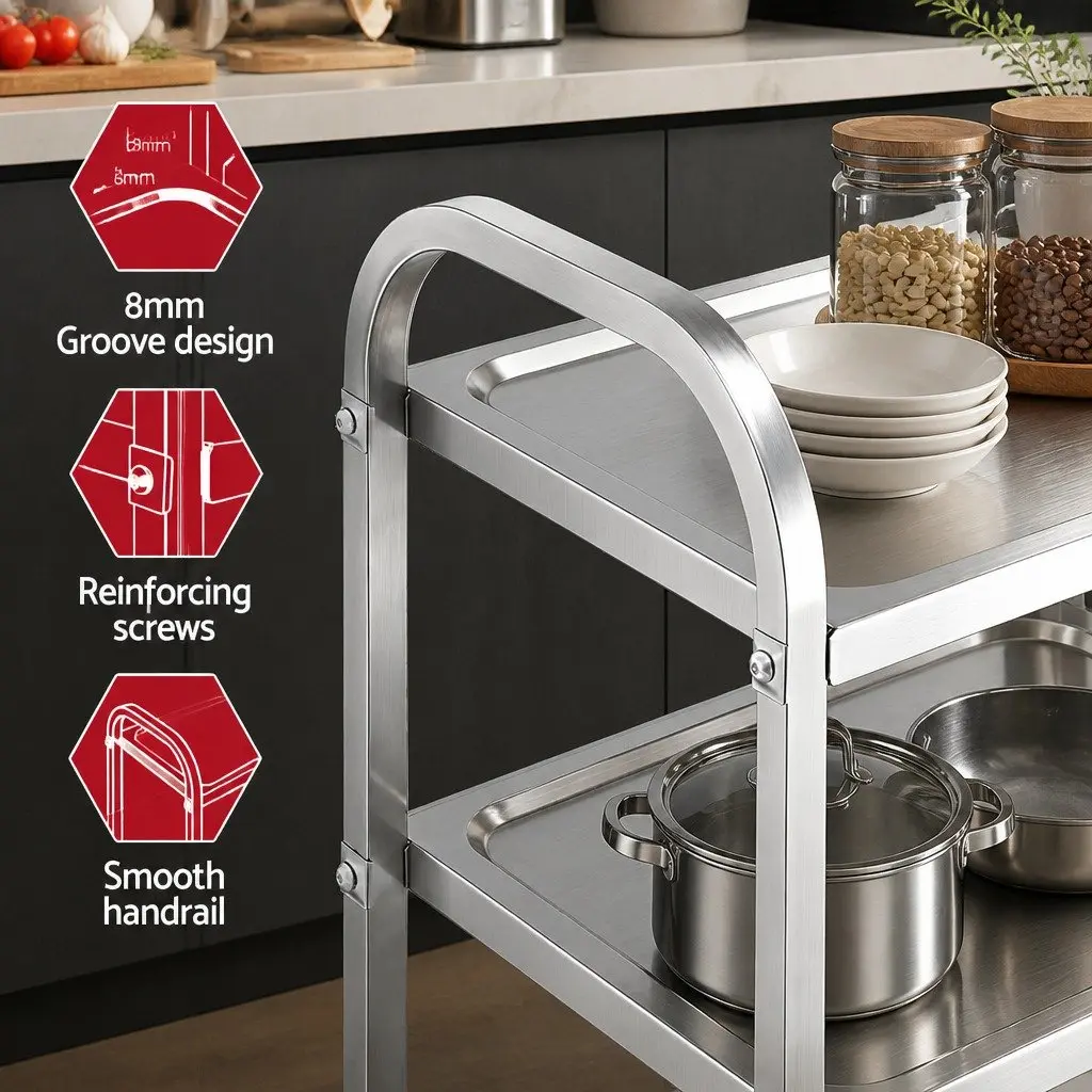 3-Tier Stainless Steel Kitchen Trolley Silver Mobile Cart with Lockable Castors