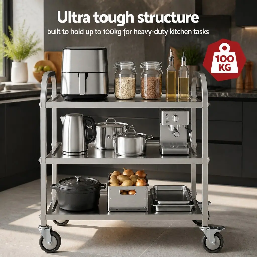 3-Tier Stainless Steel Kitchen Trolley Silver Mobile Cart with Lockable Castors
