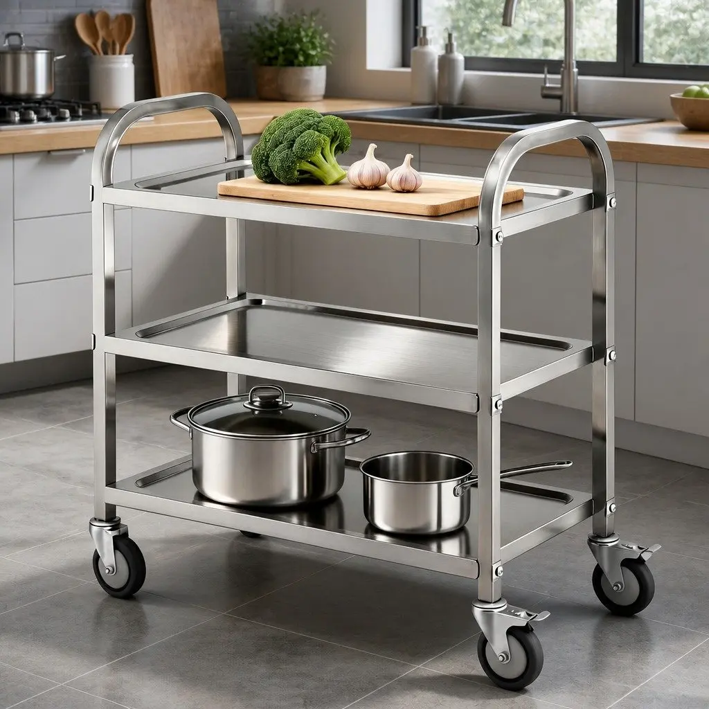 3-Tier Stainless Steel Kitchen Trolley Silver Mobile Cart with Lockable Castors