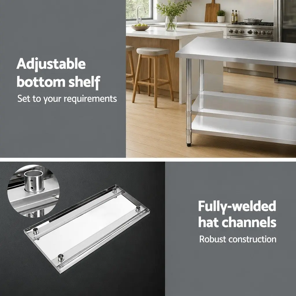 Stainless Steel Kitchen Work Bench 1219x610mm Commercial Food Prep Adjustable