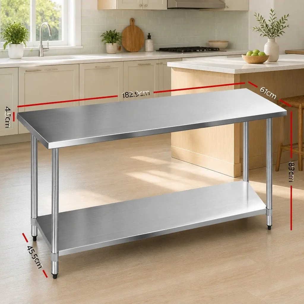 Stainless Steel Kitchen Bench Silver 1829x610mm Heavy-duty Work Table with Adjustable Under-shelving