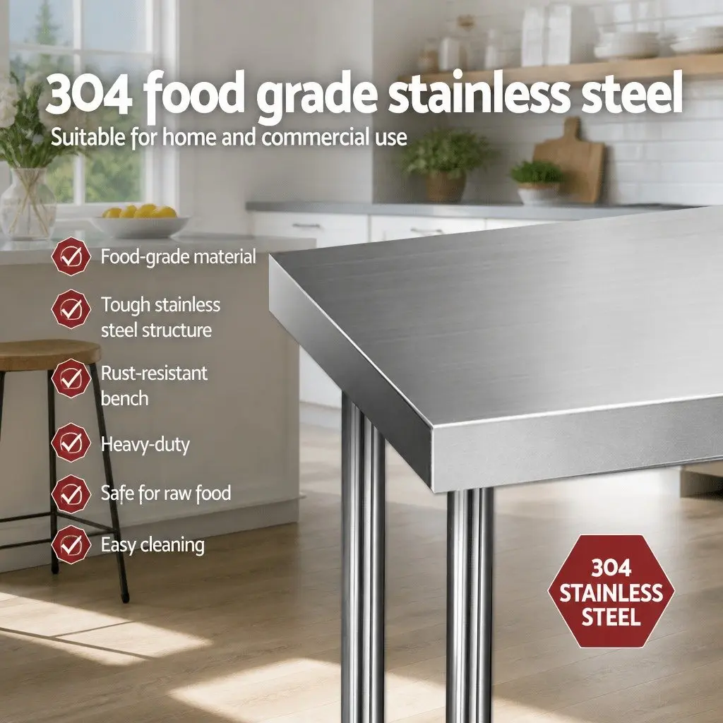 Stainless Steel Kitchen Bench Silver 1829x610mm Heavy-duty Work Table with Adjustable Under-shelving