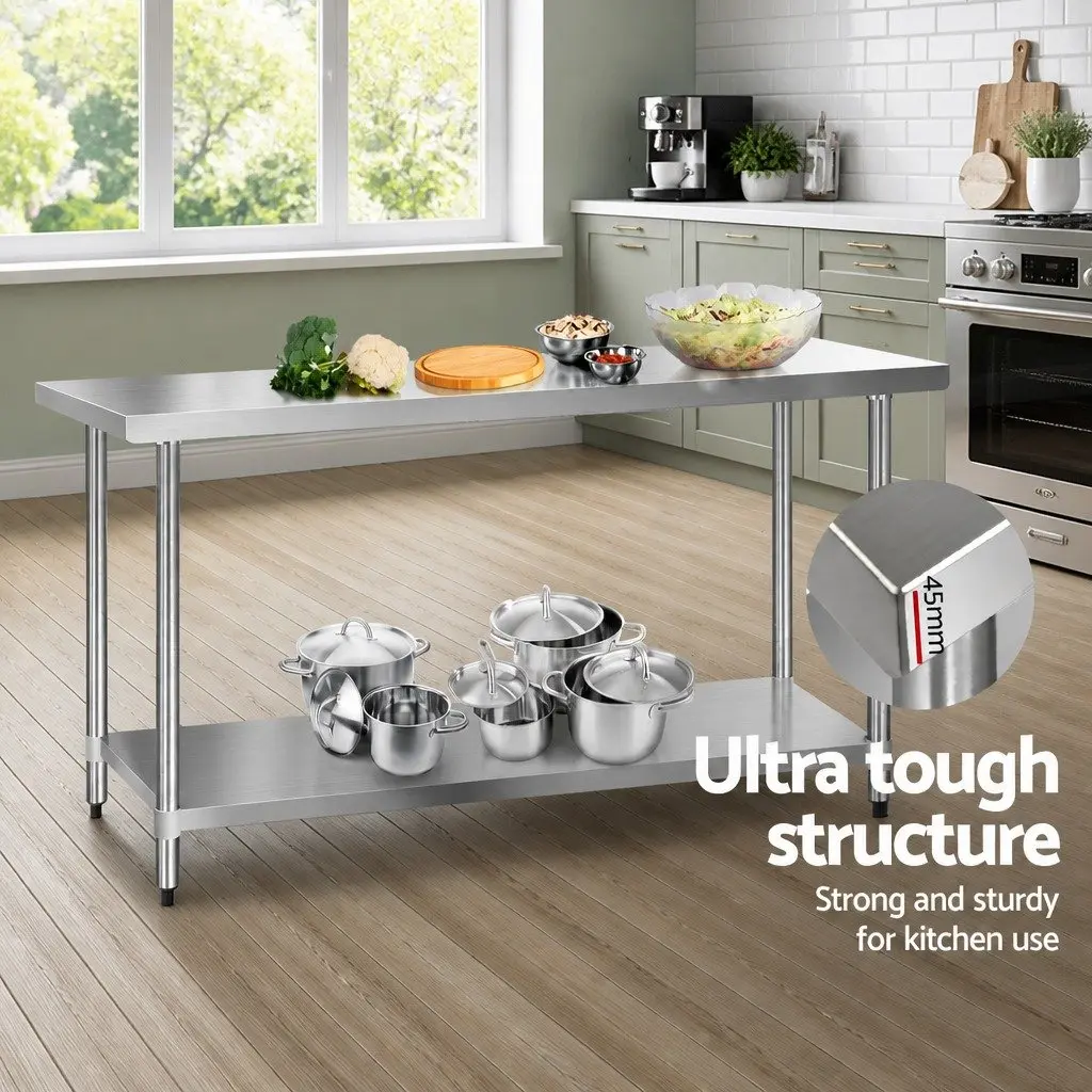 Stainless Steel Kitchen Bench Silver 1829x610mm Heavy-duty Work Table with Adjustable Under-shelving
