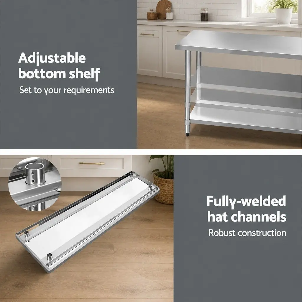 Stainless Steel Kitchen Bench Silver 1829x610mm Heavy-duty Work Table with Adjustable Under-shelving