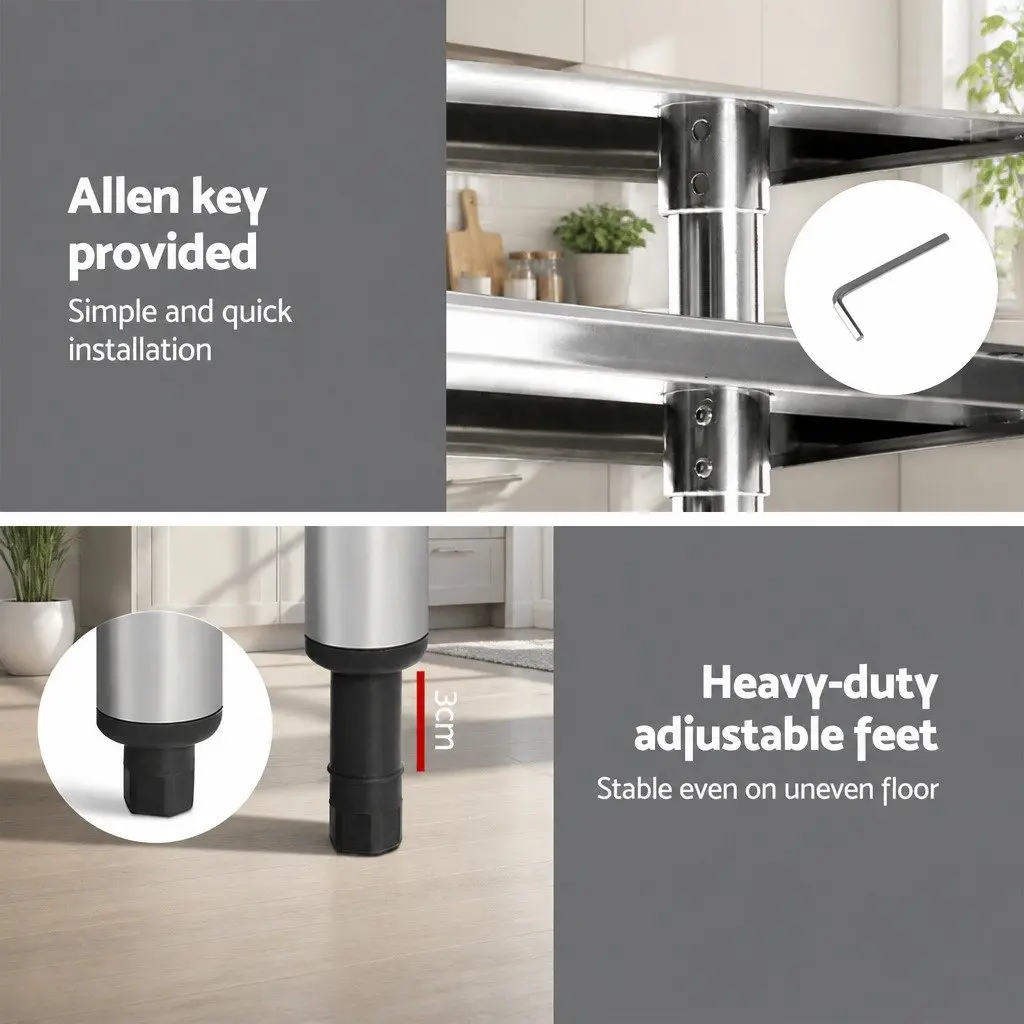 Stainless Steel Kitchen Bench Silver 1829x610mm Heavy-duty Work Table with Adjustable Under-shelving