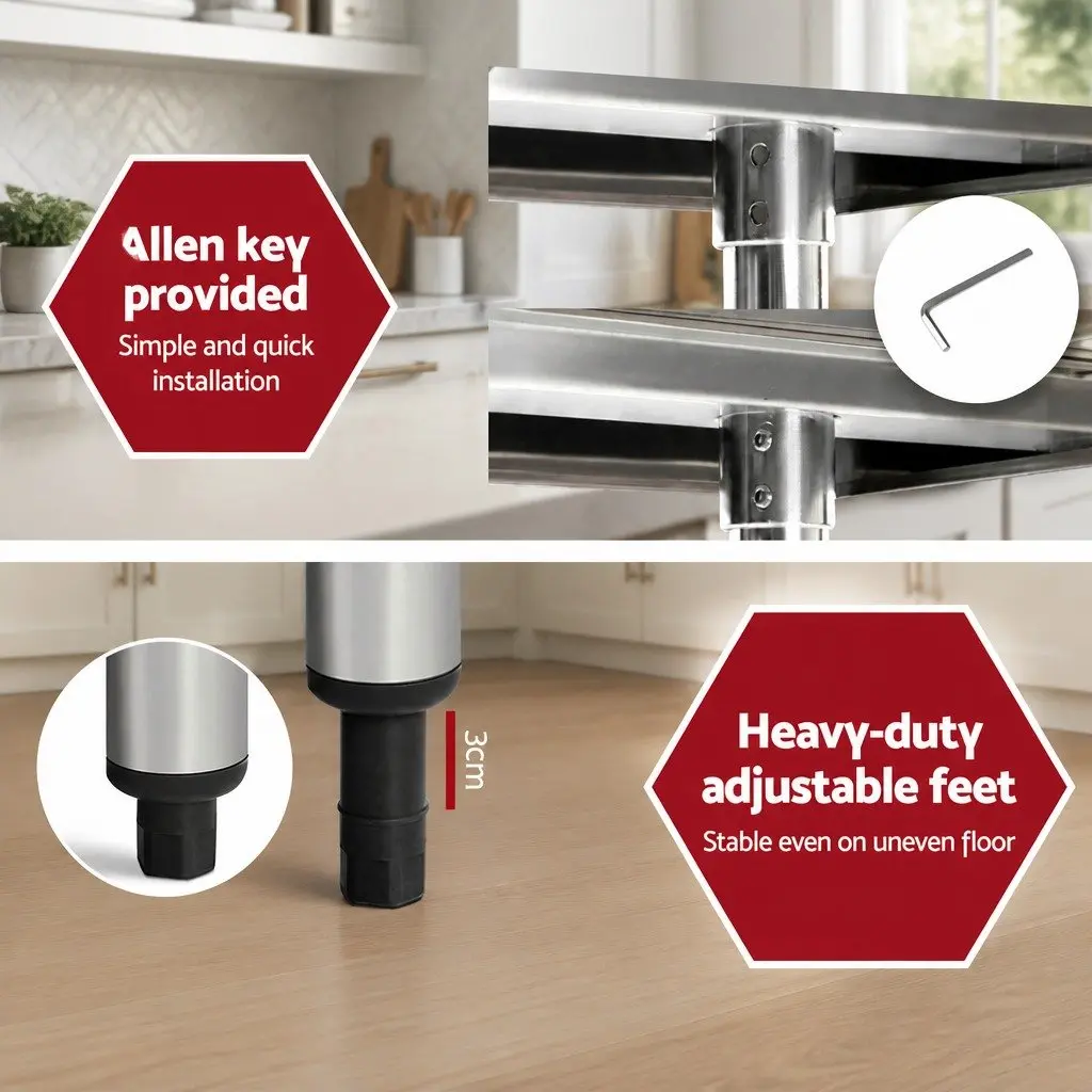 Stainless Steel Kitchen Bench Silver 1829x610mm Heavy-duty Work Table with Adjustable Under-shelving