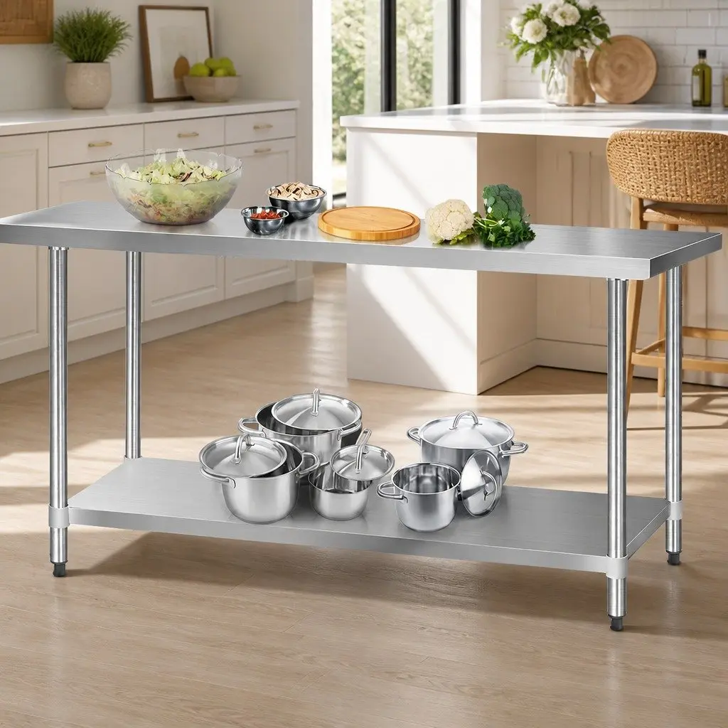 Stainless Steel Kitchen Bench Silver 1829x610mm Heavy-duty Work Table with Adjustable Under-shelving
