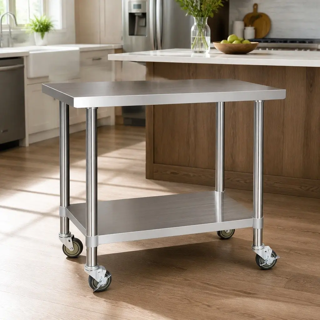 Stainless Steel Kitchen Work Bench Silver Adjustable Shelving Lockable Wheels