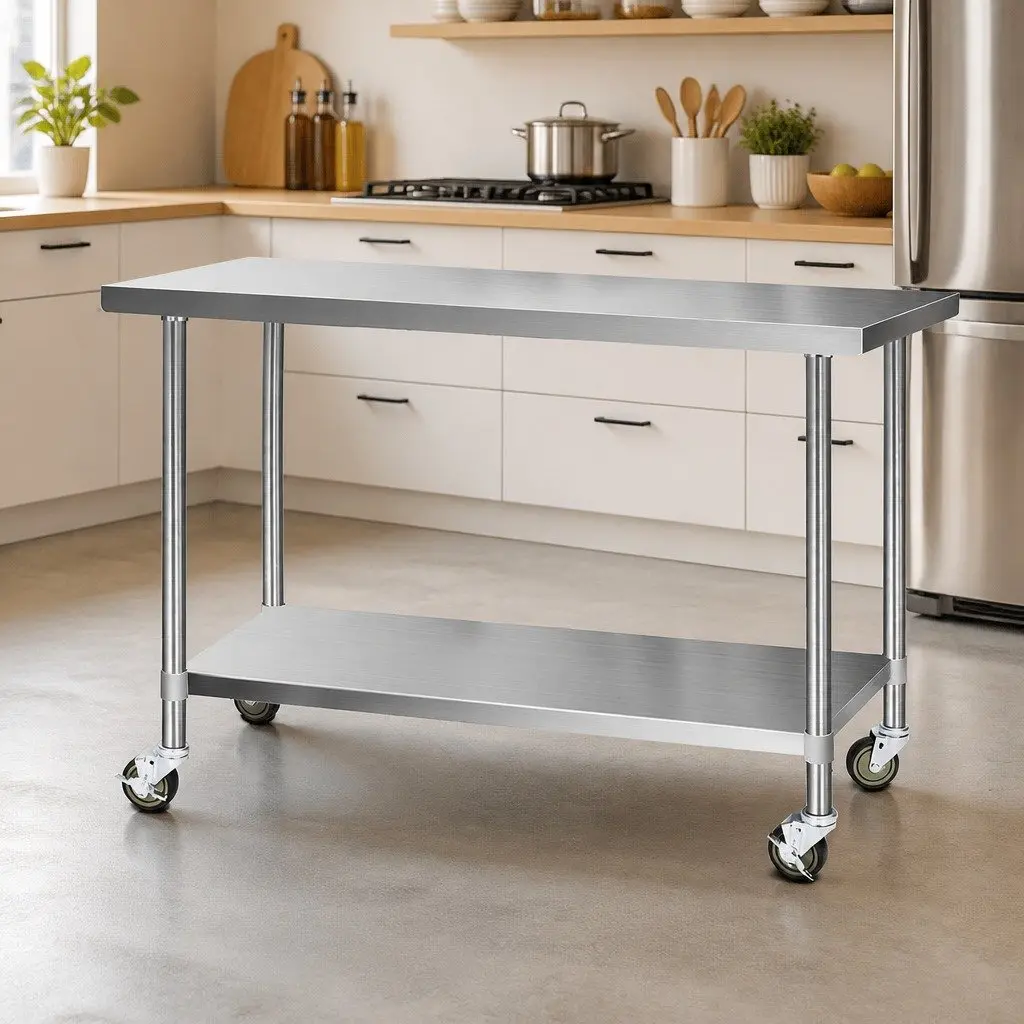 Stainless Steel Kitchen Bench Silver 1524x610mm Adjustable Shelf Movable with Lockable Castor Wheels