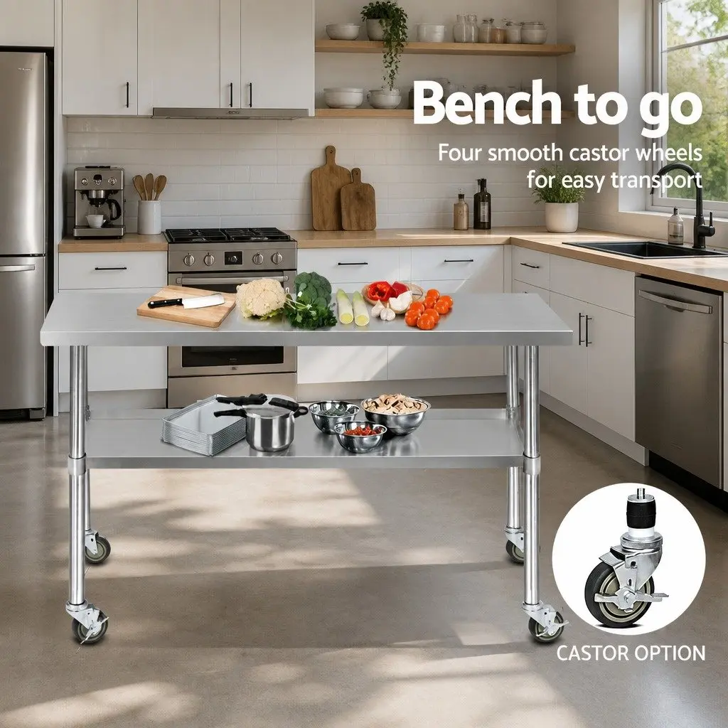 Stainless Steel Kitchen Bench Silver 1524x610mm Adjustable Shelf Movable with Lockable Castor Wheels