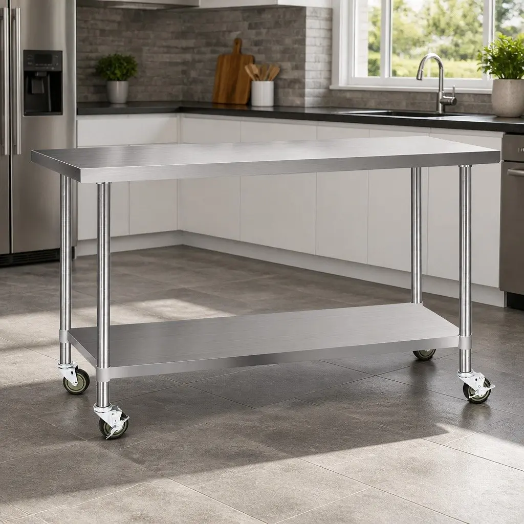 Stainless Steel Kitchen Bench Silver 1829x610mm Movable Work Table with Lockable Castor Wheels
