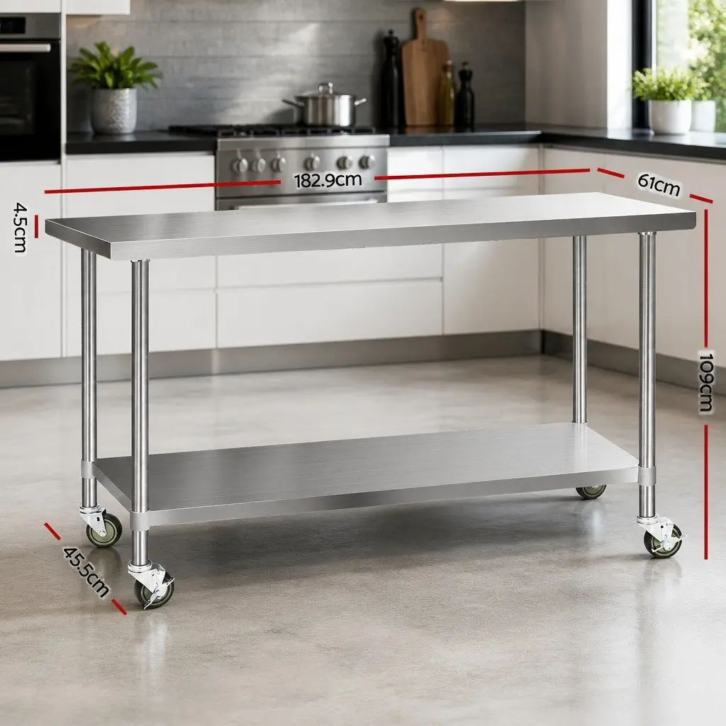 Stainless Steel Kitchen Bench Silver 1829x610mm Movable Work Table with Lockable Castor Wheels
