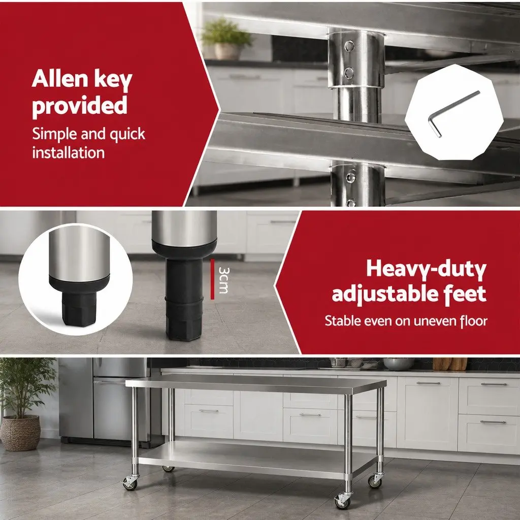 Stainless Steel Kitchen Bench Silver 1829x610mm Movable Work Table with Lockable Castor Wheels