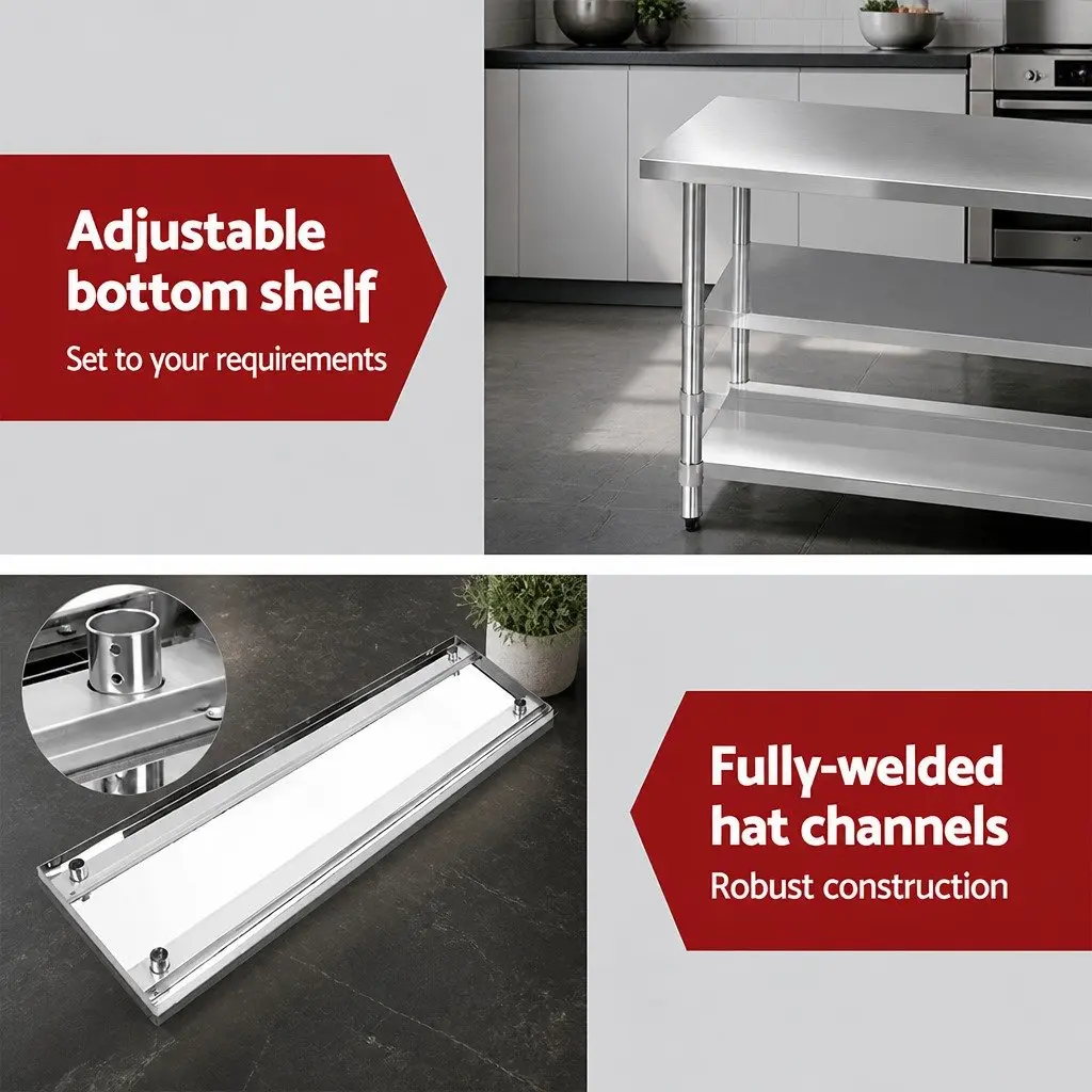 Stainless Steel Kitchen Bench Silver 1829x610mm Movable Work Table with Lockable Castor Wheels