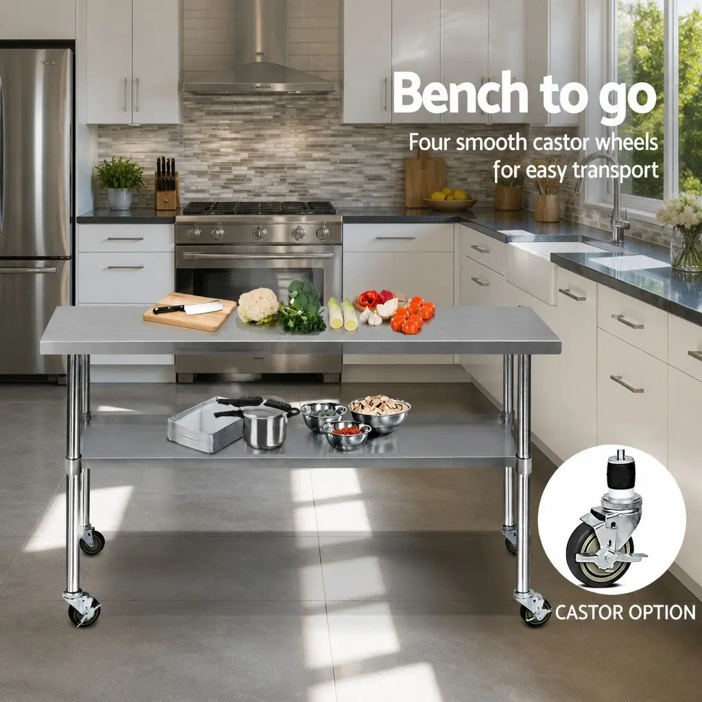 Stainless Steel Kitchen Bench Silver 1829x610mm Movable Work Table with Lockable Castor Wheels