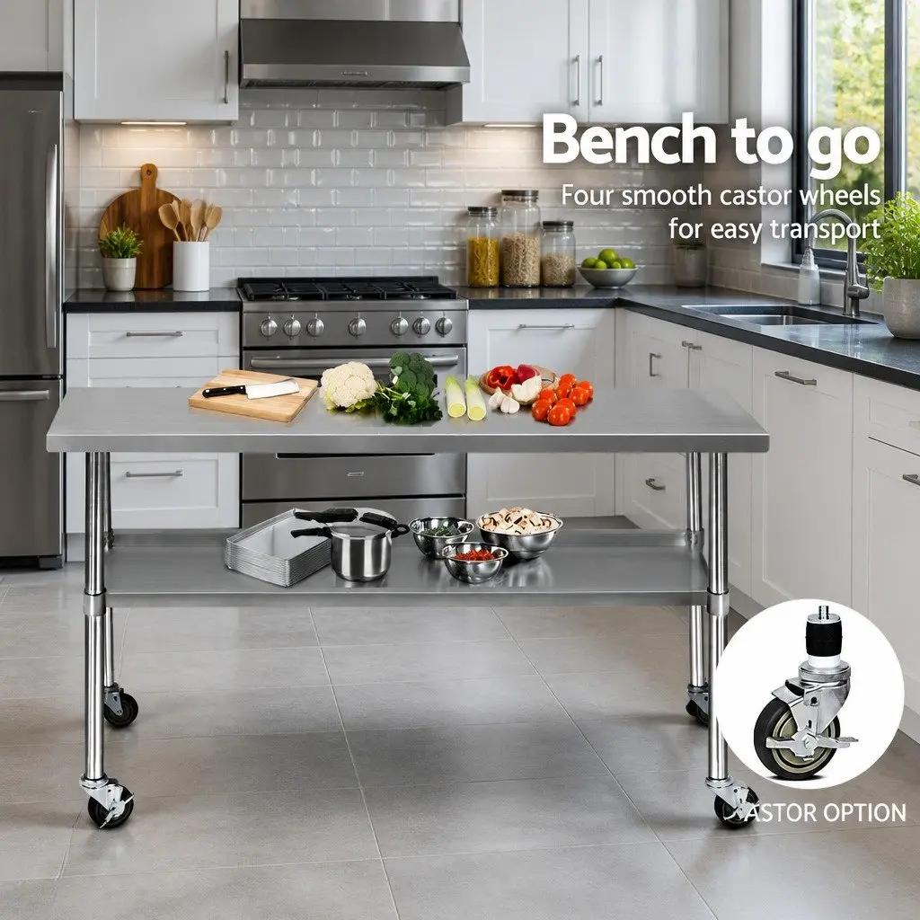 Stainless Steel Kitchen Bench Silver 1829x610mm Movable Work Table with Lockable Castor Wheels