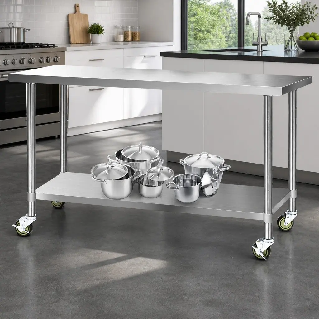 Stainless Steel Kitchen Bench Silver 1829x610mm Movable Work Table with Lockable Castor Wheels