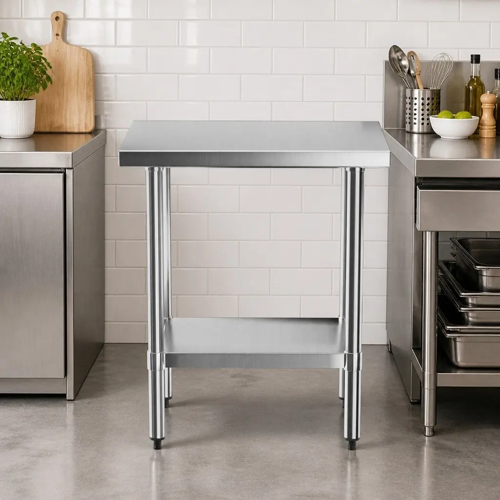 Stainless Steel Kitchen Work Table Silver 610x760mm Heavy-Duty Prep Station with Adjustable Undershelf
