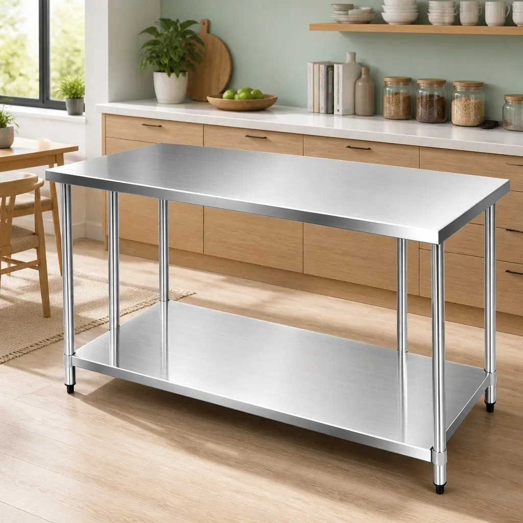 Stainless Steel Kitchen Bench Silver 1829x760mm Heavy-Duty Prep Table with Adjustable Under-Shelf and Sturdy Legs