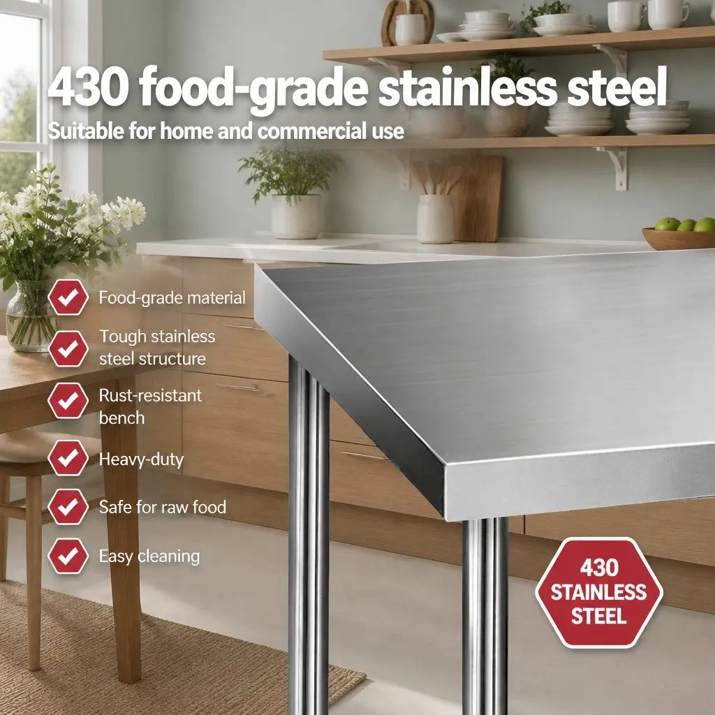 Stainless Steel Kitchen Bench Silver 1829x760mm Heavy-Duty Prep Table with Adjustable Under-Shelf and Sturdy Legs