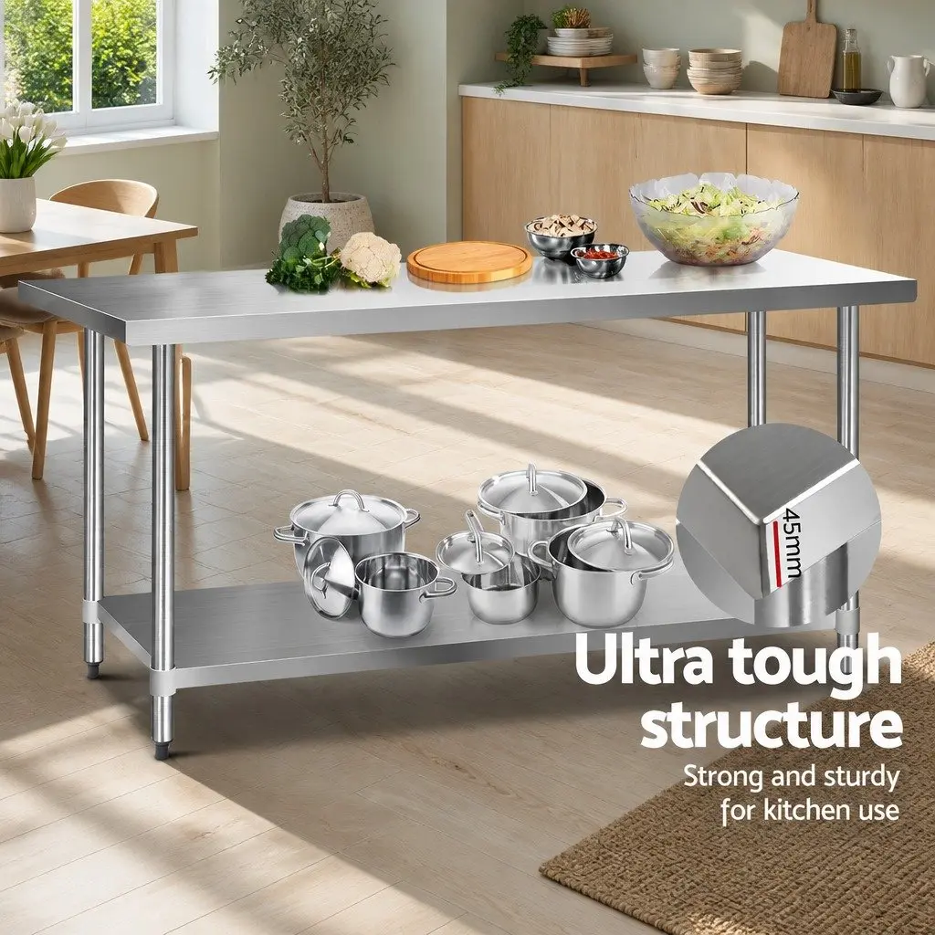Stainless Steel Kitchen Bench Silver 1829x760mm Heavy-Duty Prep Table with Adjustable Under-Shelf and Sturdy Legs