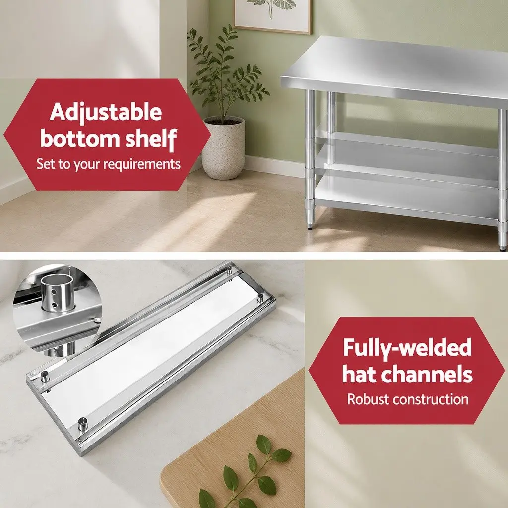 Stainless Steel Kitchen Bench Silver 1829x760mm Heavy-Duty Prep Table with Adjustable Under-Shelf and Sturdy Legs