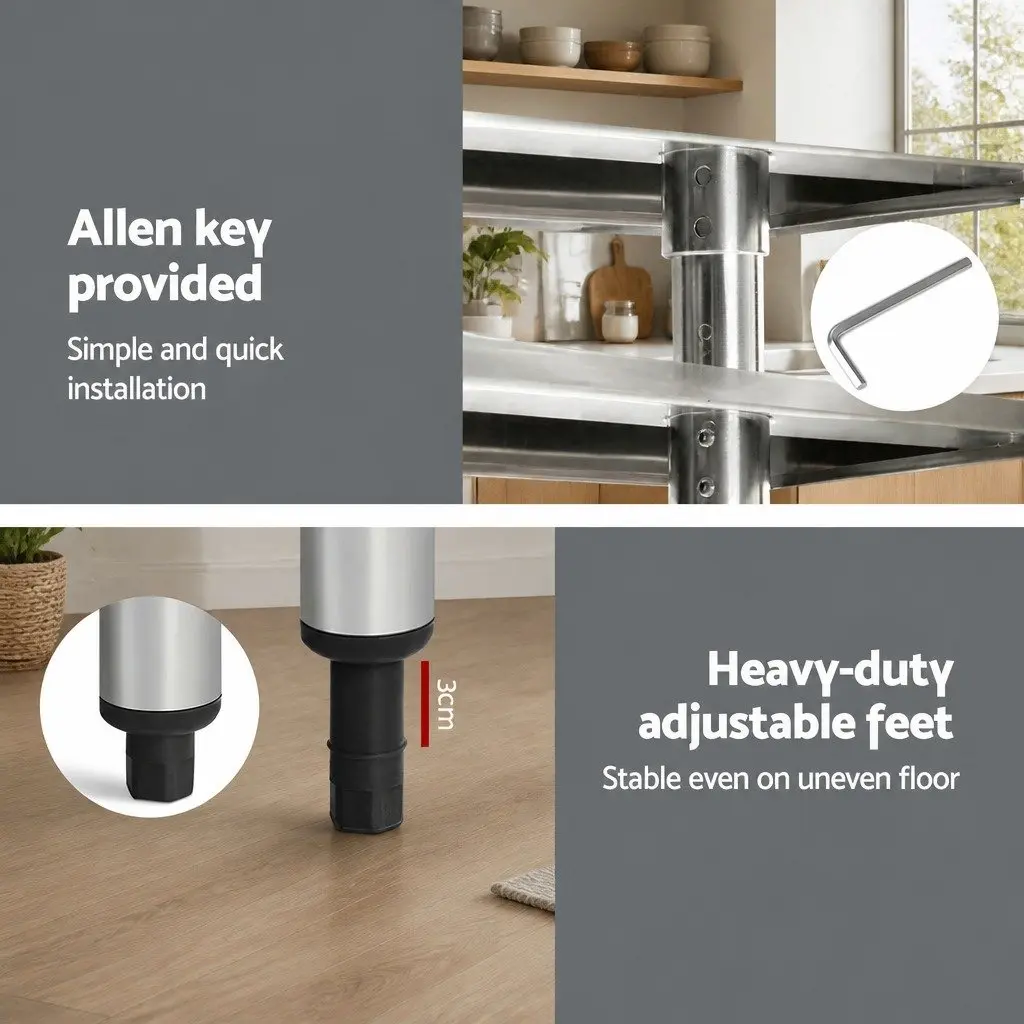 Stainless Steel Kitchen Bench Silver 1829x760mm Heavy-Duty Prep Table with Adjustable Under-Shelf and Sturdy Legs