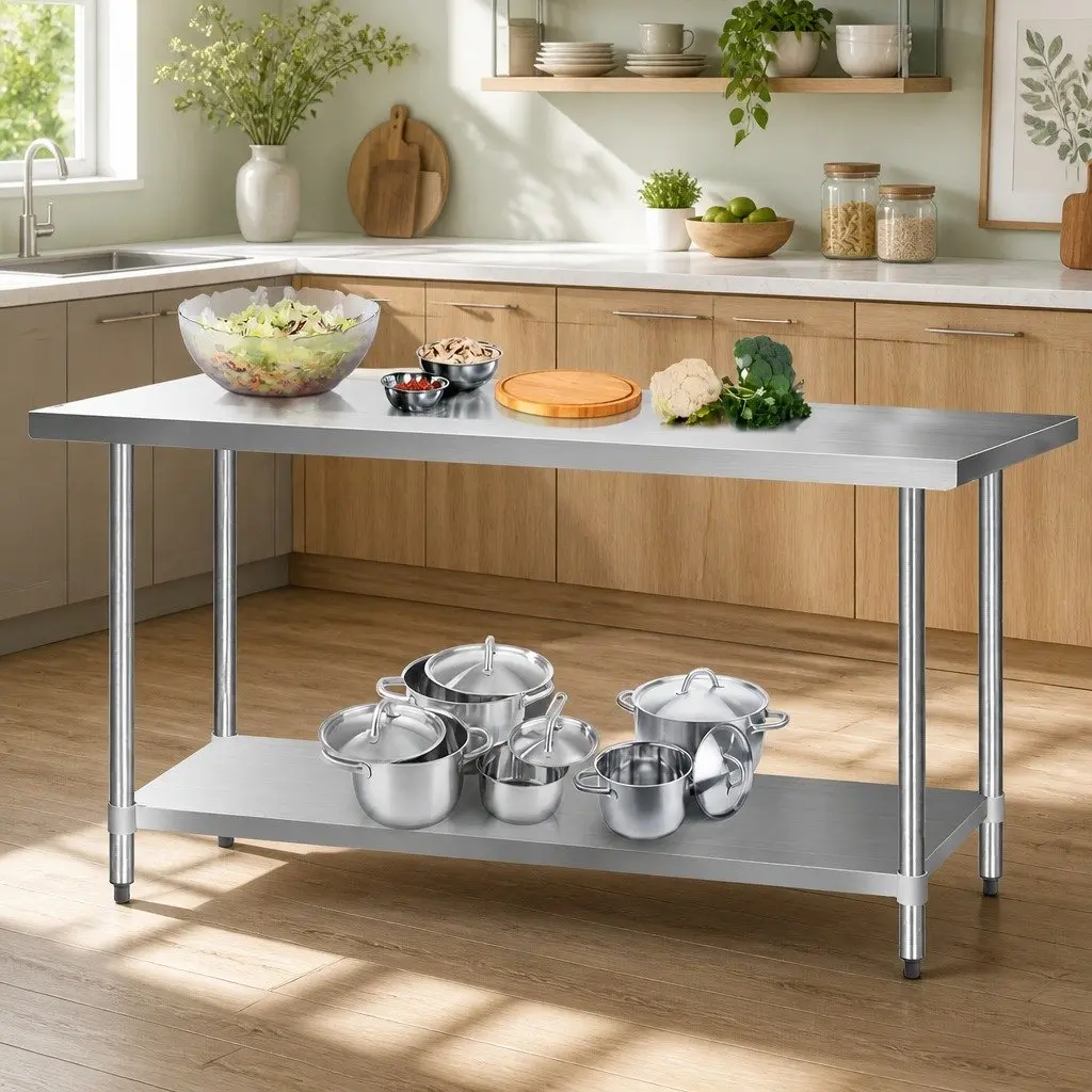 Stainless Steel Kitchen Bench Silver 1829x760mm Heavy-Duty Prep Table with Adjustable Under-Shelf and Sturdy Legs